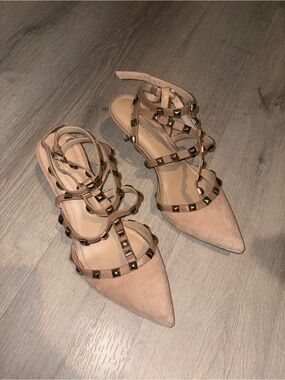 BCBGeneration Studded Pointed-Toe Strappy Heels in Nude Size 10W